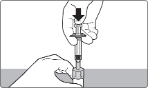 Step 3: Push plunger of oral dosing applicator to transfer diluent in vial. After reconstitution, vaccine will appear white and turbid.