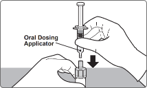 Step 2: Shake diluent in oral dosing applicator. The diluent appears white and turbid. Connect oral dosing applicator to transfer adapter.